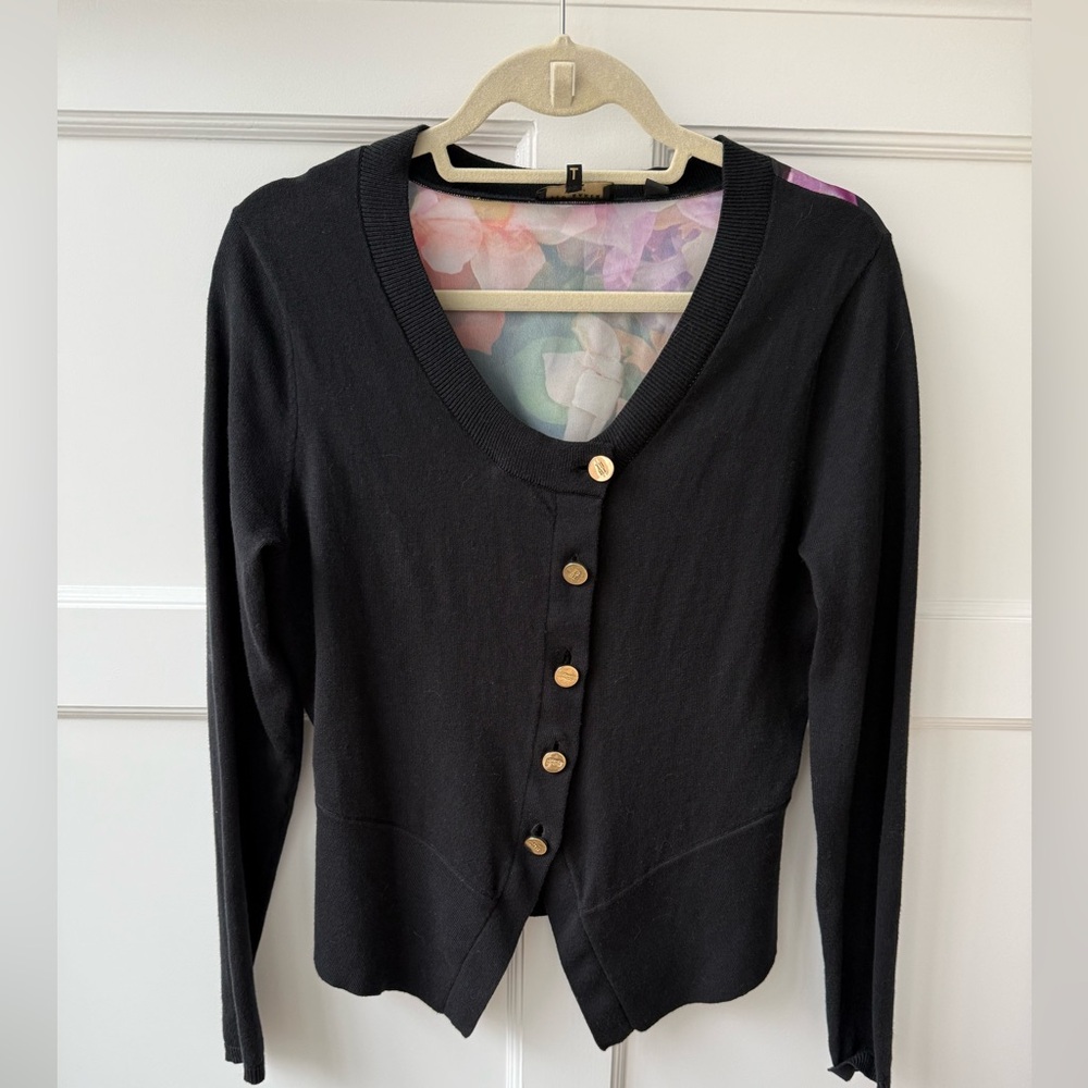 Ted Baker Atilla Gold Button Floral back Cardigan size 2 M/L